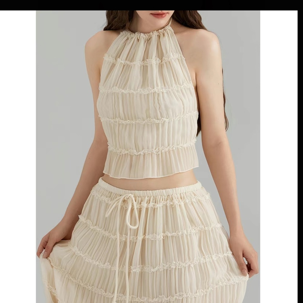 Elegant Cream Pleated Skirt Set